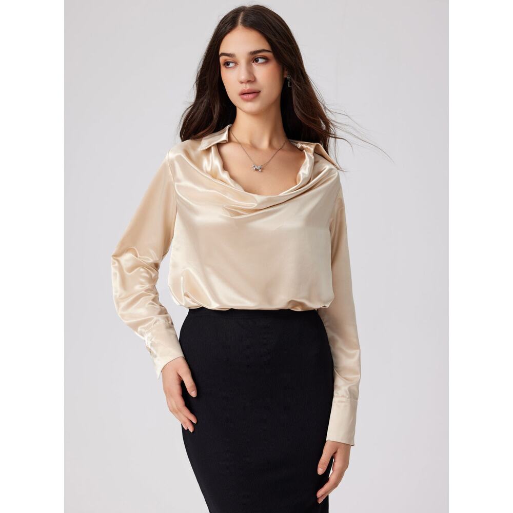 Commense Elegant Satin Old Money Pleated Long Sleeve Blouse Champagne Small